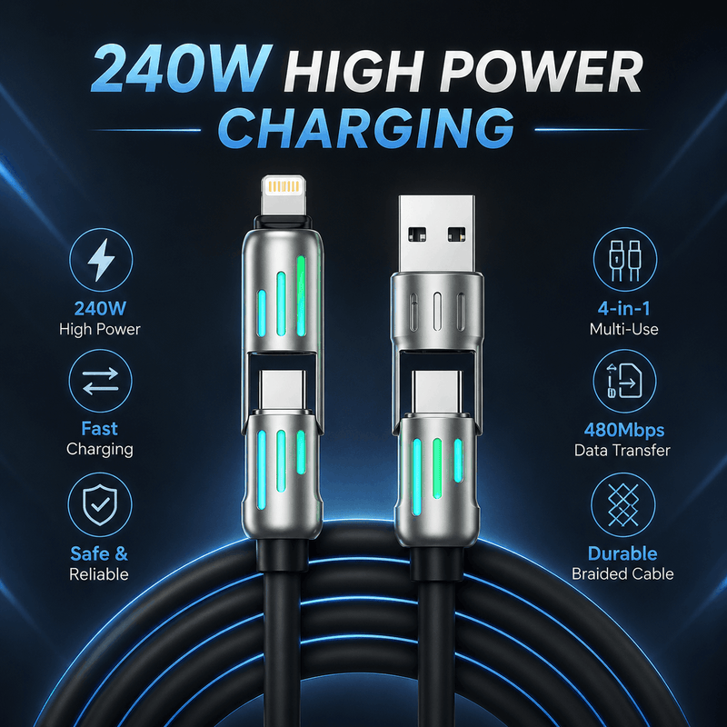 4-in-1 High-Speed 240W Fast Charger Cable – Universal USB-C & Lightning